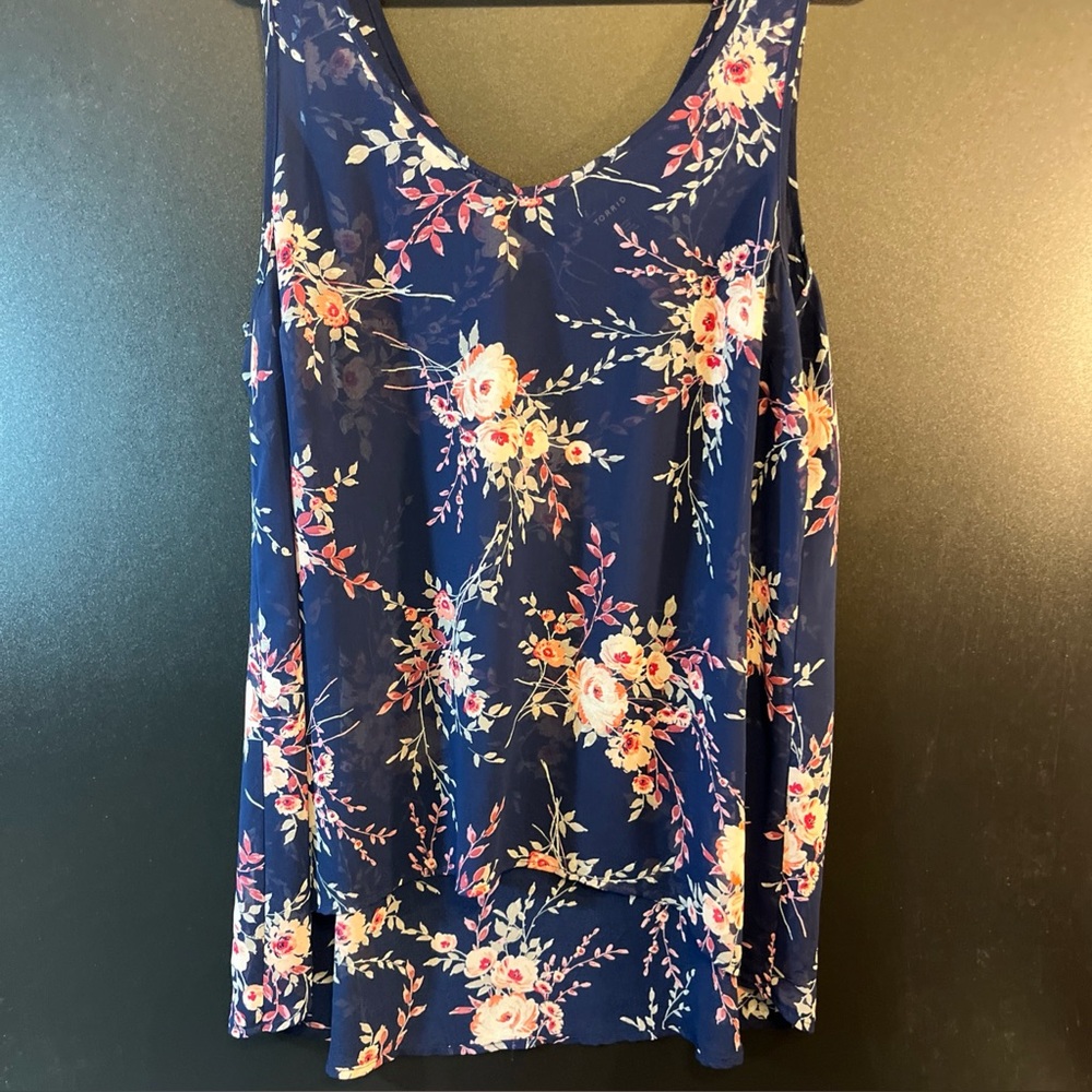 Torrid Tank Top 2X Boho Blue Floral Cami Flowy Light Beach High Low Sheer Spring